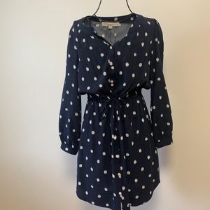 Navy and white polka dot loft button up dress